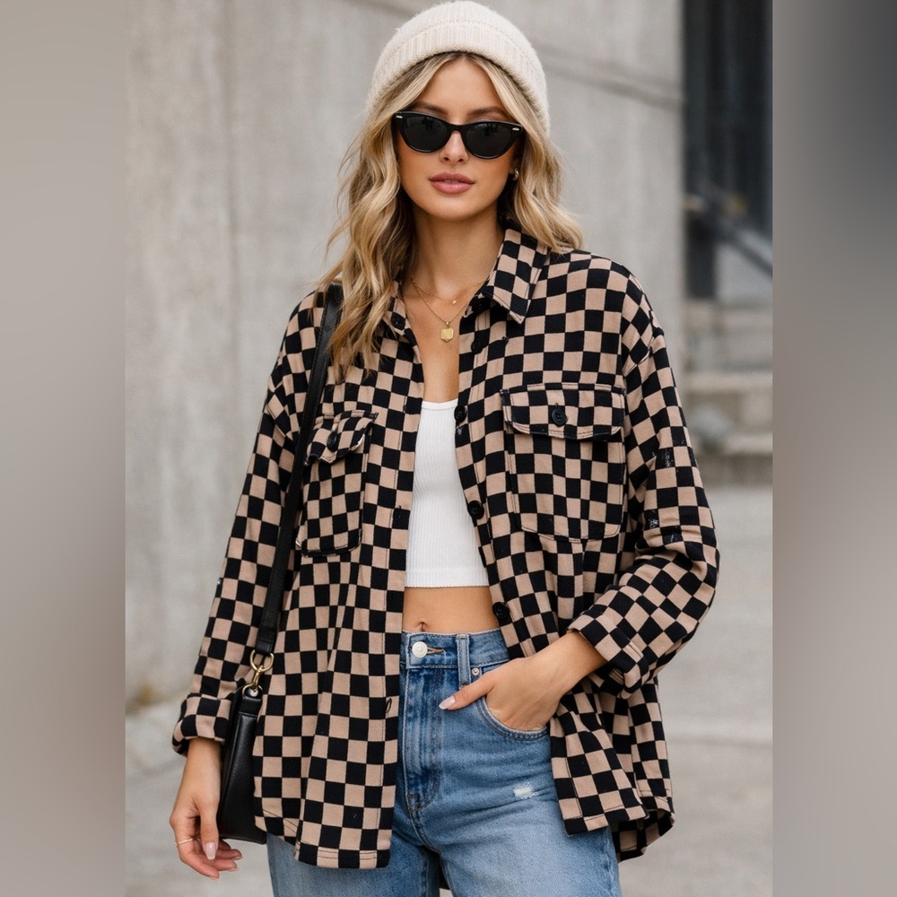Oversized Checkered Button Up Shacket Jacket Dark Academia Grunge Indie Medium